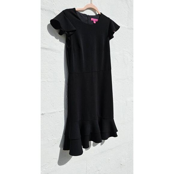 Betsey Johnson Womens Dress 2 Black Ruffle Layer Hem Flutter Sleeve Stretch Mini - Picture 2 of 11